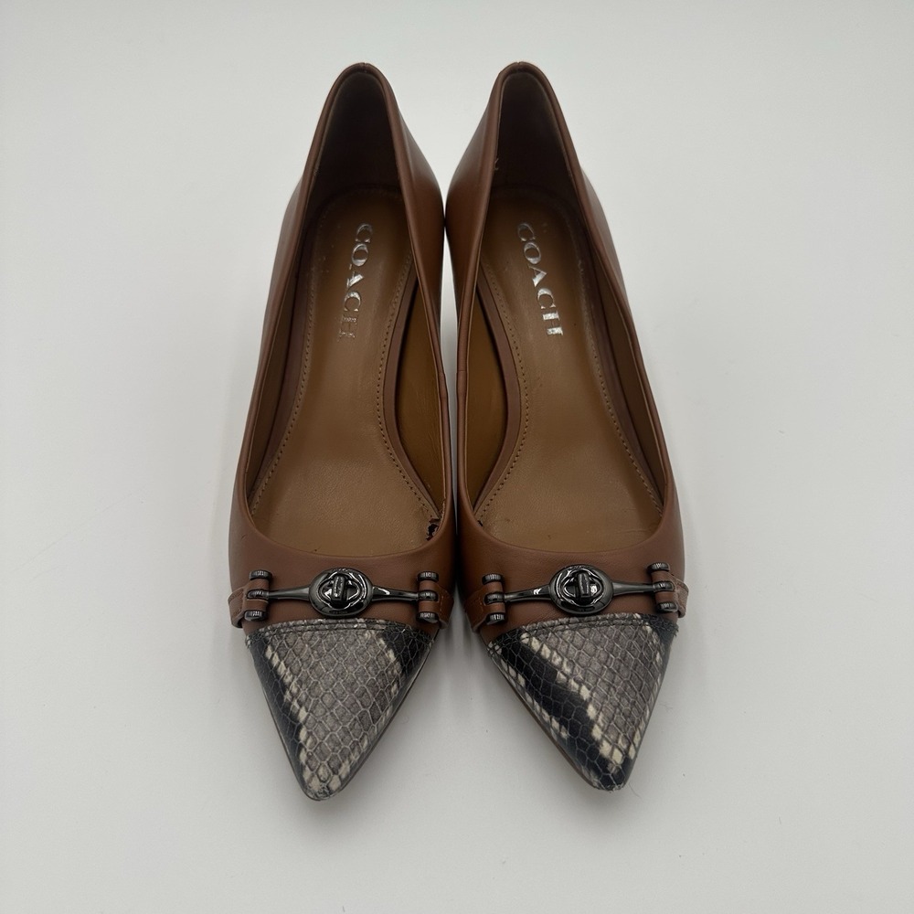 Coach Lauri Leather Pumps 7.5B Caramel Tan Snake Cap Toe Turnlock Accents - Picture 3 of 15